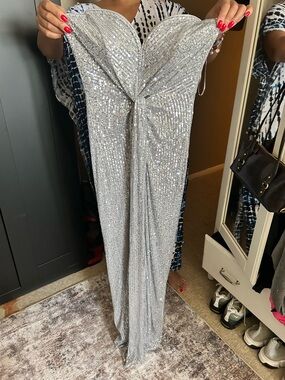 Fashion Nova Silver Strapless Sequin Slit Gown